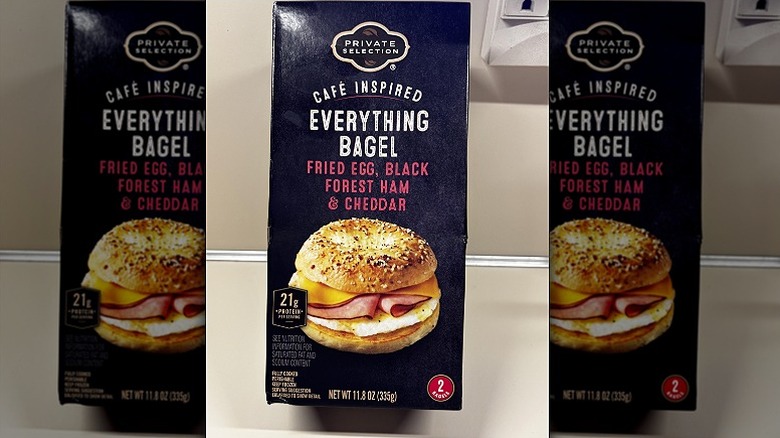A box of Private Selection Everything Bagel Breakfast Sandwiches