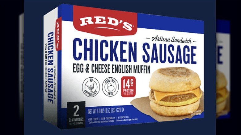 A box of Red's Chicken Sausage, Egg & Cheese English Muffins