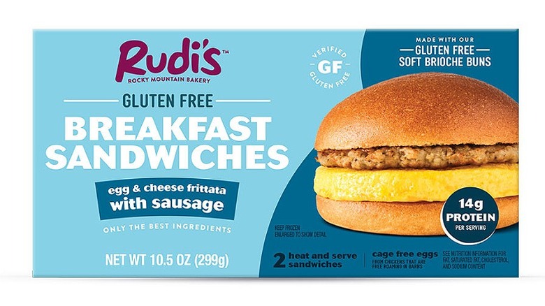 A box of Rudi's Gluten Free Breakfast Sandwiches Egg & Cheese Frittata with Sausage