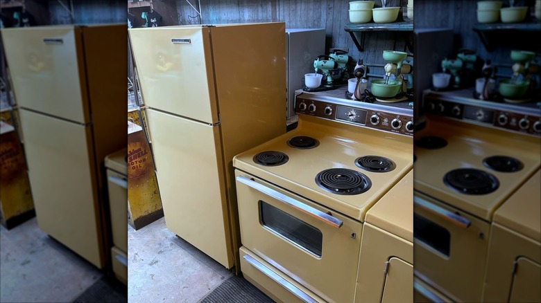Circa 1970s Harvest Gold kitchen appliances, including a fridge and stove