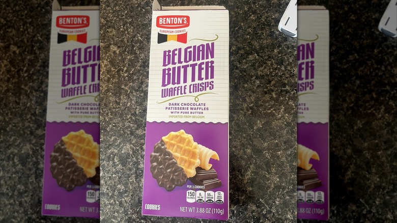 A Benton's Belgian Butter Biscuits, Dark Chocolate package on a counter
