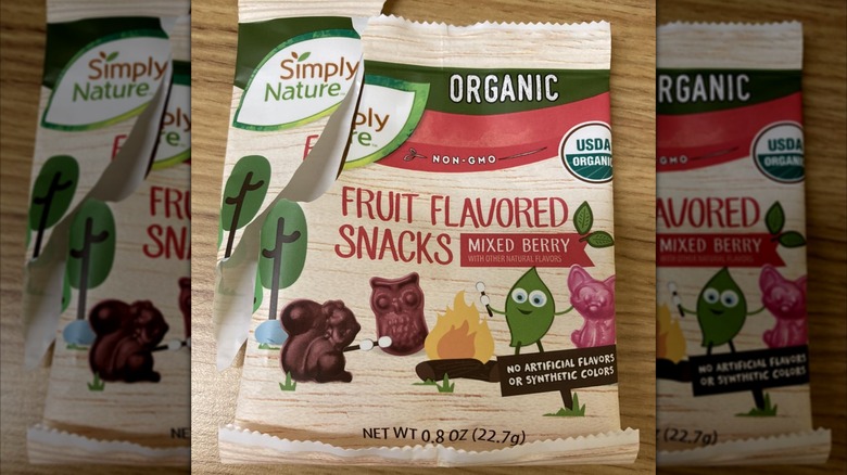 An opened bag of Simply Nature Organic Fruit Snacks