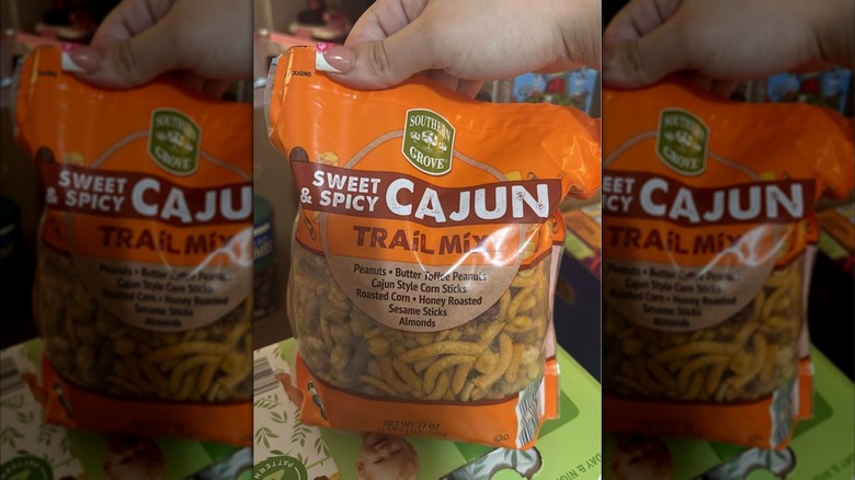 A hand holds a bag of Southern Grove Cajun Trail Mix