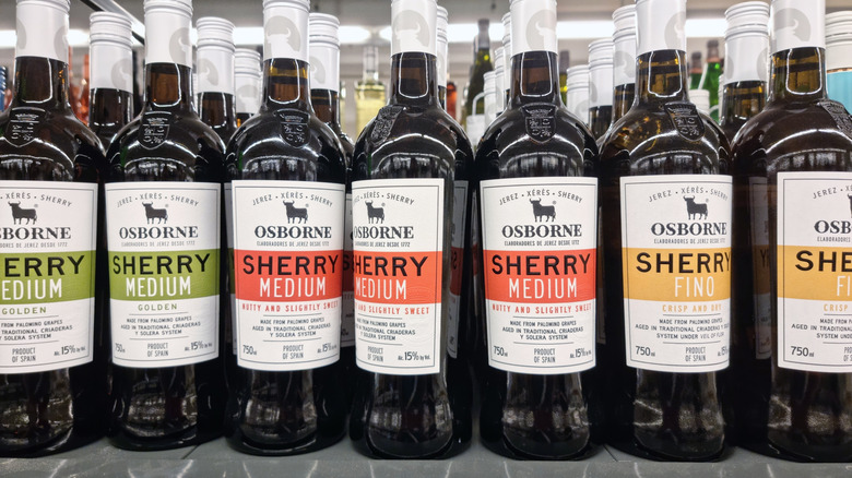Bottles of sherry on a store shelf