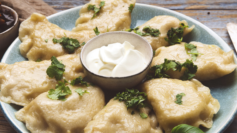 Varenyky with sour cream on blue plate