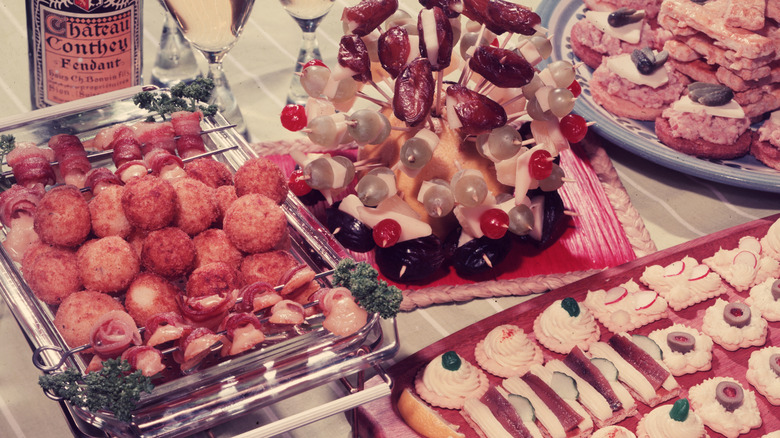A spread of various retro '50s-inspired party appetizers