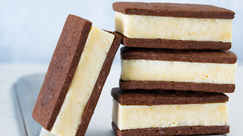 Ice cream sandwiches stacked on a plate