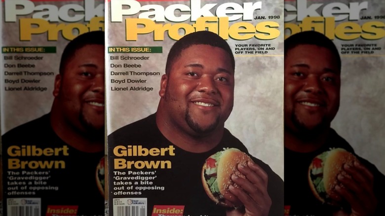 Gilbert Brown with his burger on magazine cover
