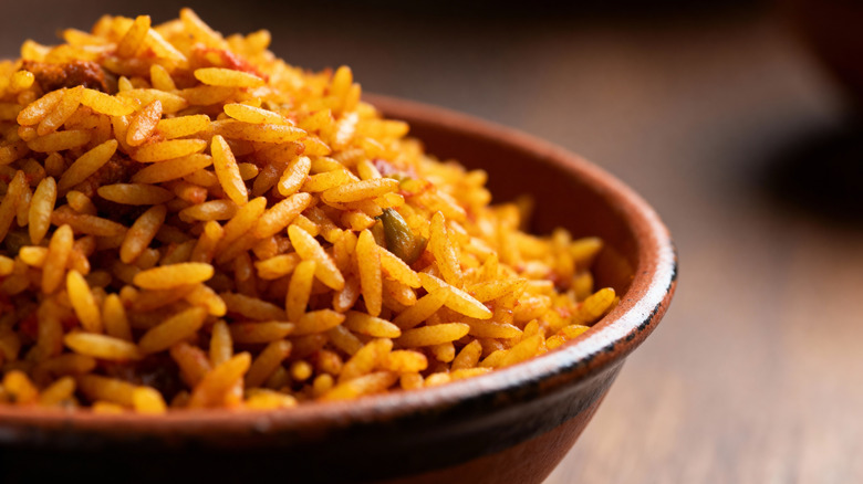closeup of jollof rice in bowl
