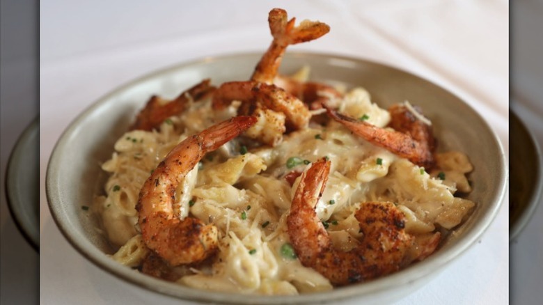 A plate of Penne Alfredo with Shrimp at Landry's Seafood House