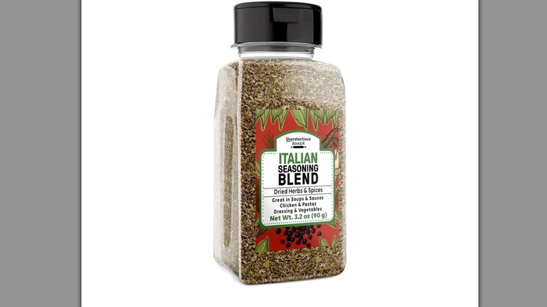 A bottle of Unpretentious Baker Italian Seasoning Blend against a white background