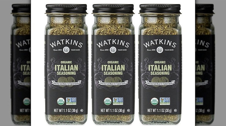 Three bottles of Watkins Organic Italian Seasoning against a white background