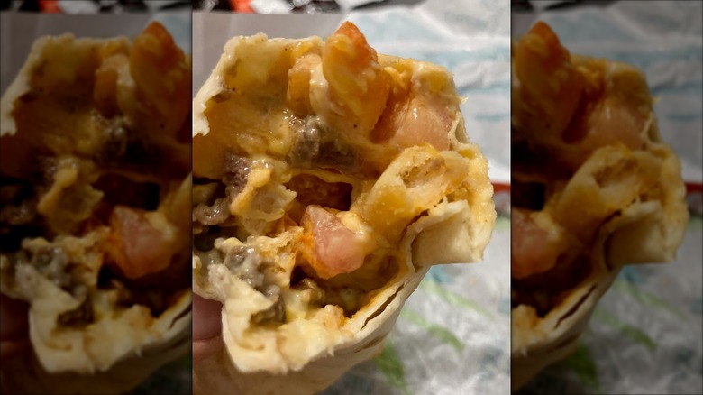 The interior of a steak nacho fries burrito from Taco Bell