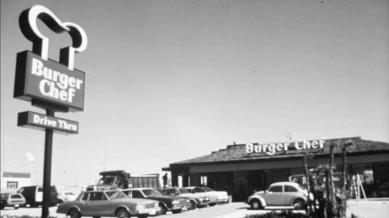 Black and white photo of Burger Chef restaurant.