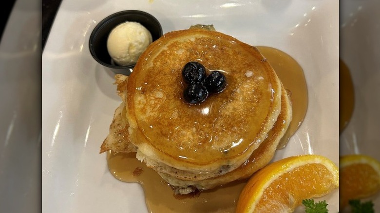 A plate of blueberry pancakes at Keke's Breakfast Cafe
