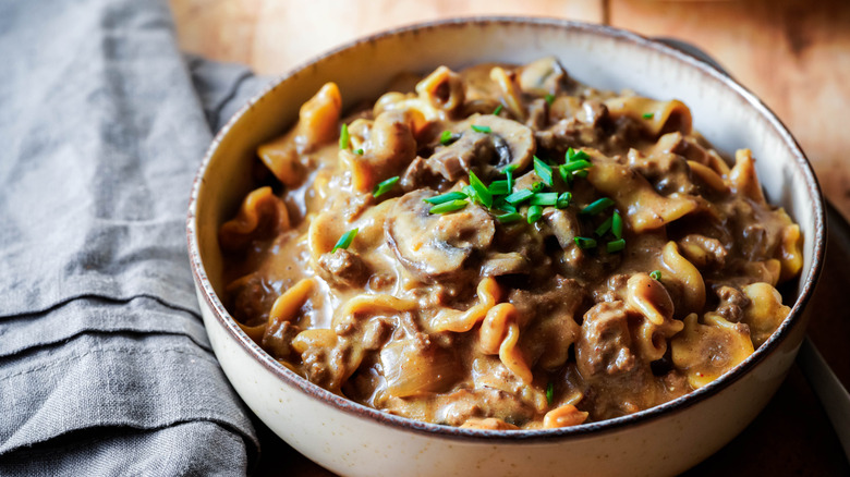 Beef Stroganoff in a pan