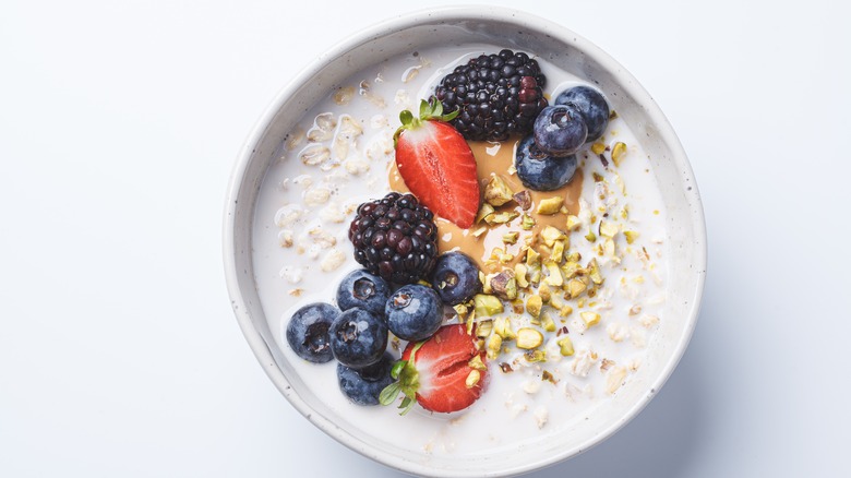 Overnight oats in a bowl with fruit