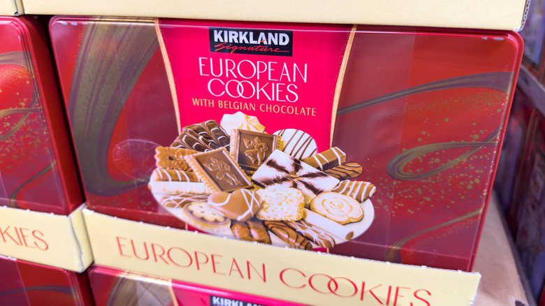 A tin of Costco European Cookies with Belgian Chocolate
