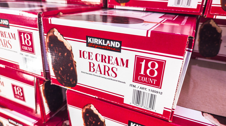Boxes of Costco Ice Cream Bars are stacked together