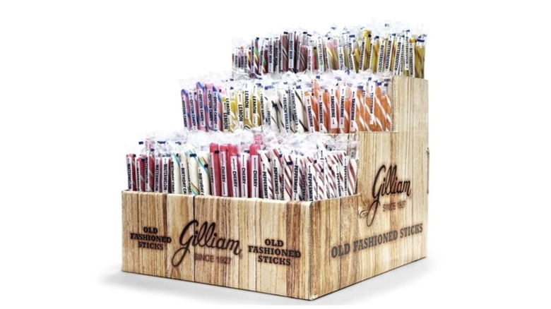Tiered display with Gilliam candy sticks in various flavors