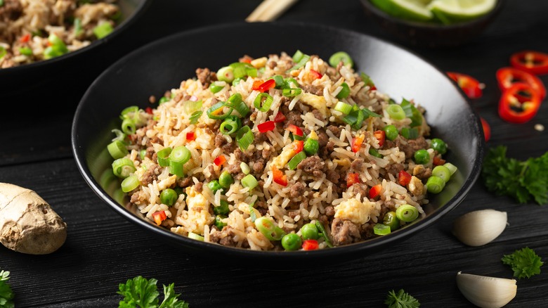 Ground beef fried rice with eggs and vegetables
