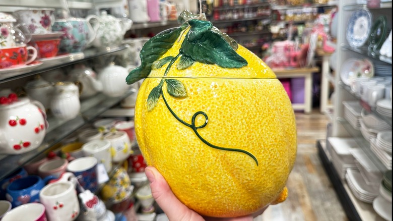 An artful lemon-shaped stoneware canister from Homegoods