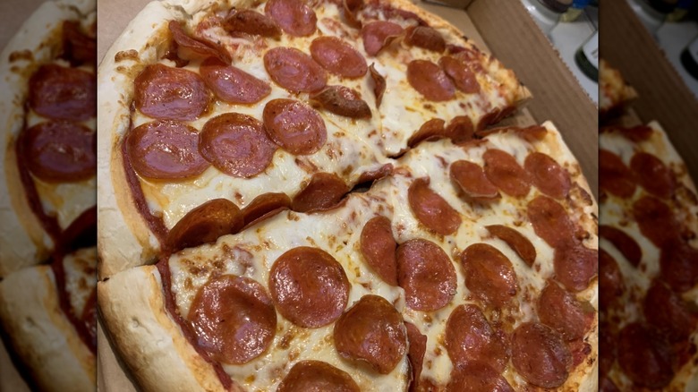 Close-up of a large pepperoni pizza from Weigel's in a pizza box.