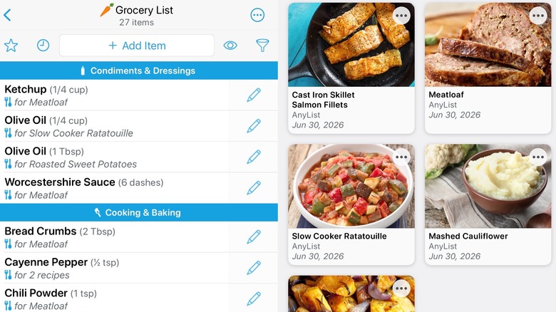 Screenshots from AnyList app showing recipes and grocery list