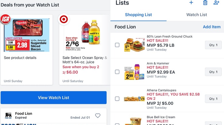 Screenshots from Flipp app showing watch list and grocery list
