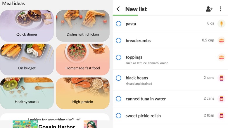 Screenshots from Listonic app showing meal ideas and grocery list