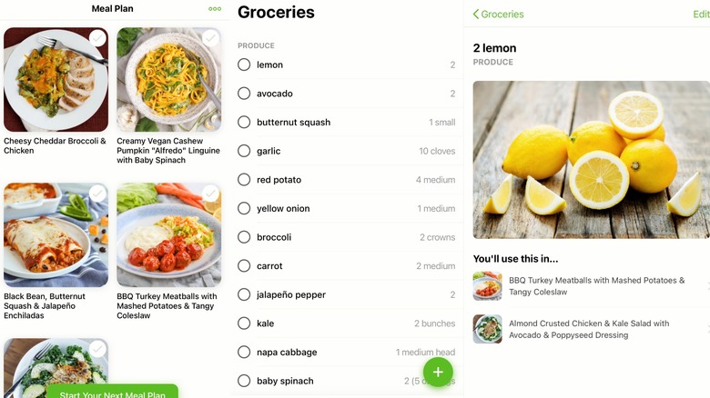 Screenshots from the Mealime app showing meal plan, groceries, and lemon detail