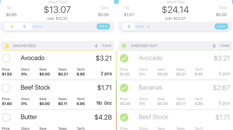 Screenshots from Total Plus app with in progress grocery lists