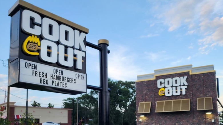 Cook Out sign and brick storefront
