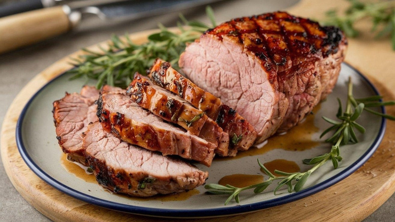 Roasted pork loin sliced on plate with garnish