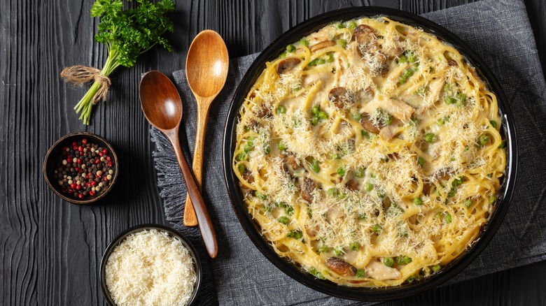 chicken tetrazzini in a casserole dish