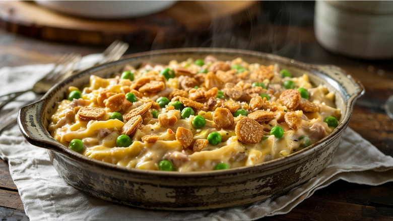 tuna noodle casserole steaming on a countertop