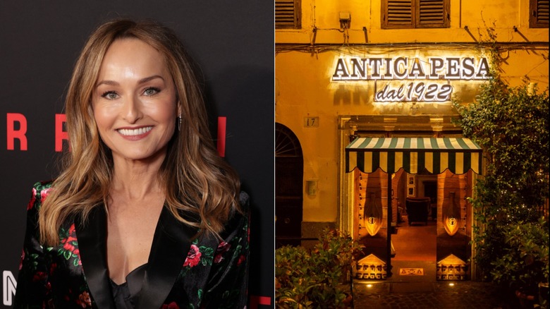Giada de Laurentiis smiling and Antica Pesa restaurant entrance