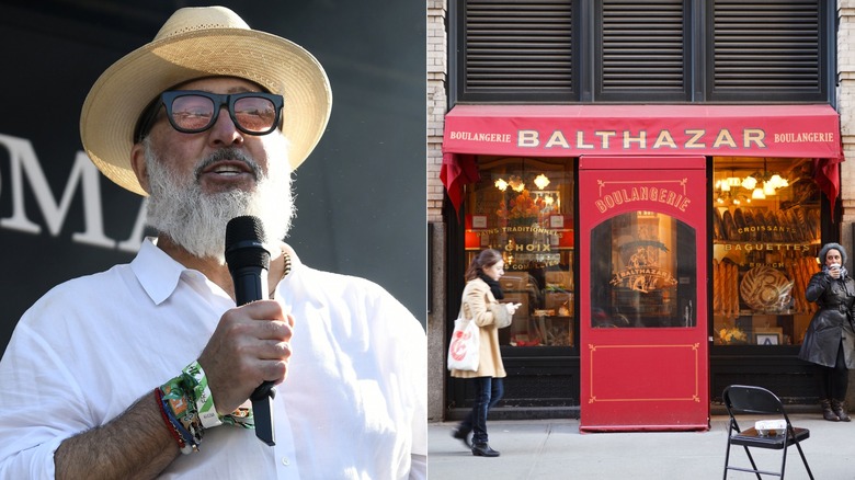 Chef Andrew Zimmern holding microphone and Balthazar restaurant exterior in NYC