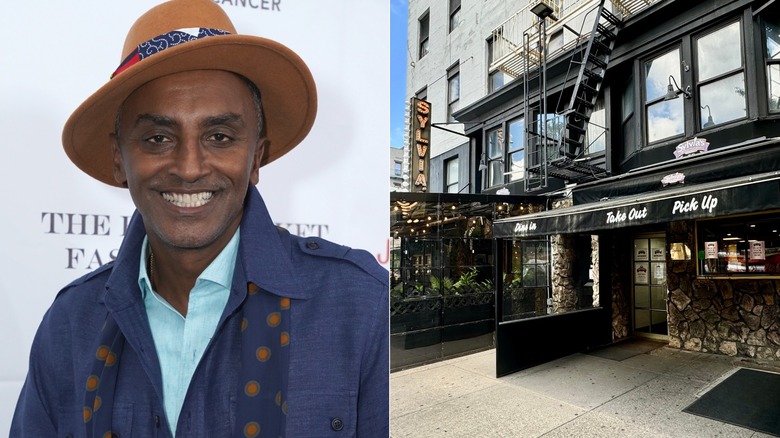 Marcus Samuelsson smiling and exterior of Sylvia's Restaurant in Harlem