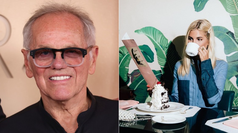 Wolfgang Puck and woman sipping coffee at The Fountain Coffee House