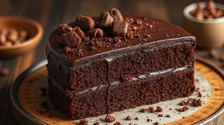 A half chocolate cake sits on a wooden cake plate