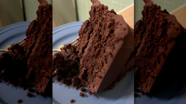 Closeup of a slice of Wegmans Ultimate Chocolate Cake