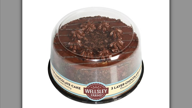 A Wellsley Farms Three Layer Chocolate Cake from BJ's Wholesale Club against a white background