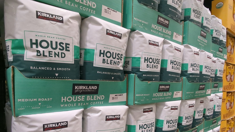 Bags of Kirkland House Blend coffee on shelf
