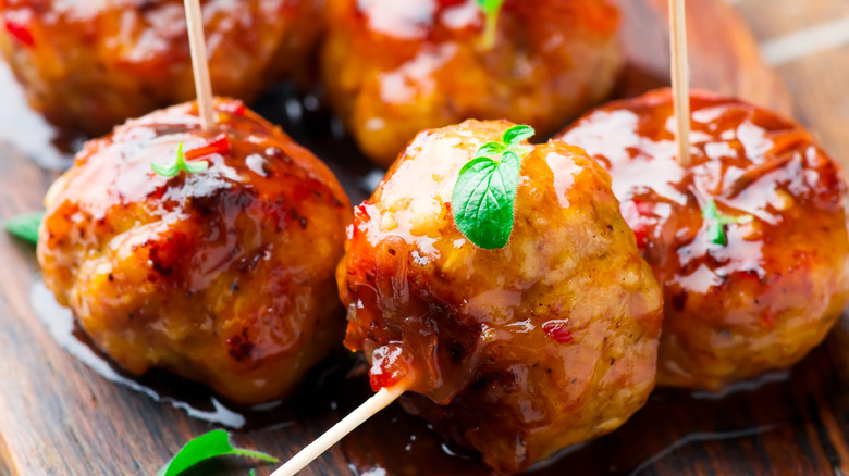 Close-up of glazed holiday ham balls