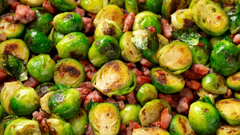 Roasted Brussels sprouts with chunks of bacon