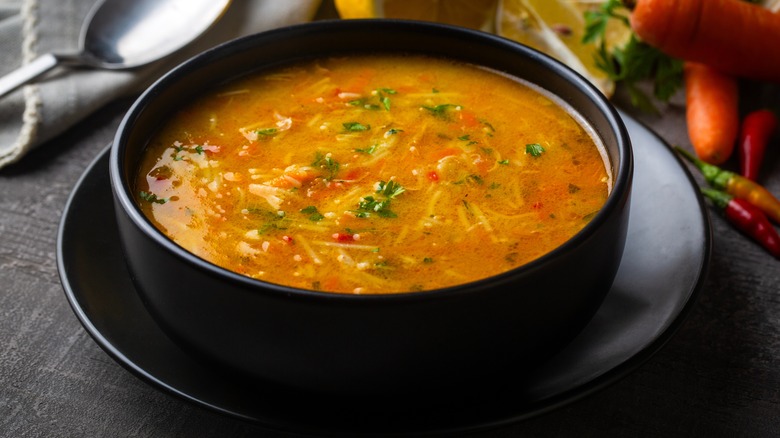 deep colored chicken noodle soup