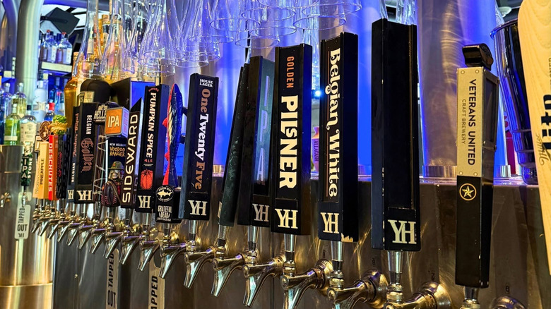 A row of taps is in a bar.