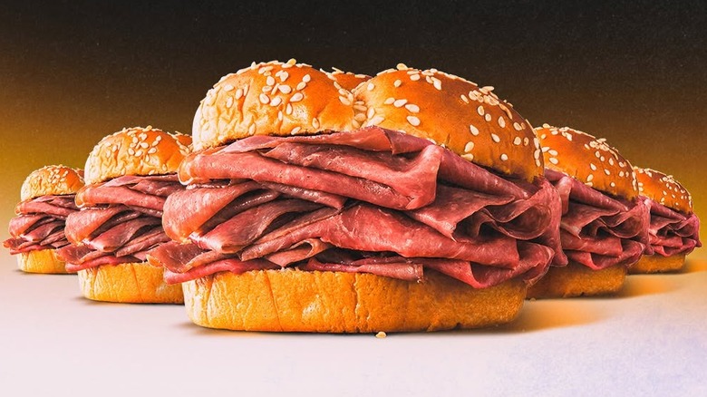 Five Arby's roast beef sandwiches.