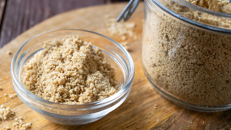 Vegan parmesan with almonds, nutritional yeast, garlic powder and sea salt, in a small bowl